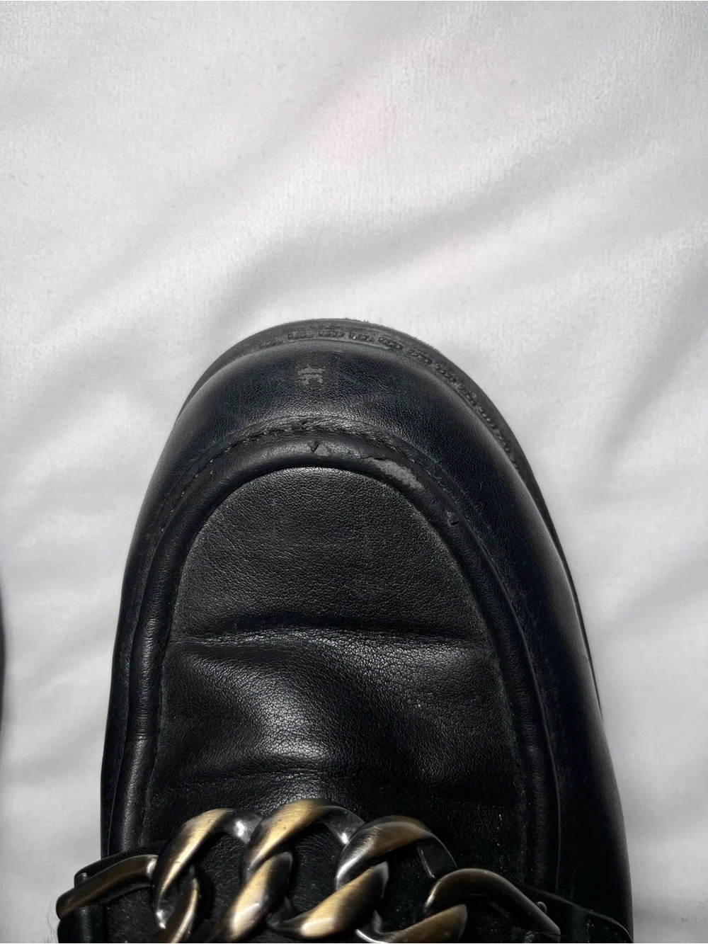 Black Leather Loafers with Gold Chain Accent